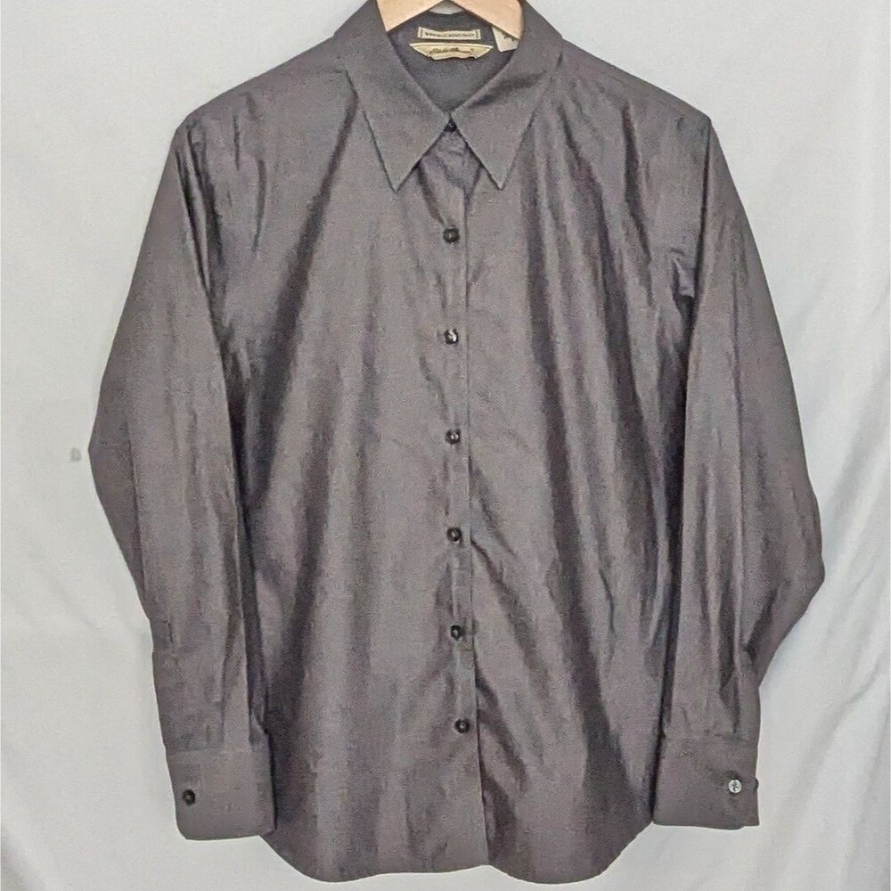 Eddie Bauer Wrinkle Resistant Gray Button-Up Cotton Shirt Women's sz L Academia
